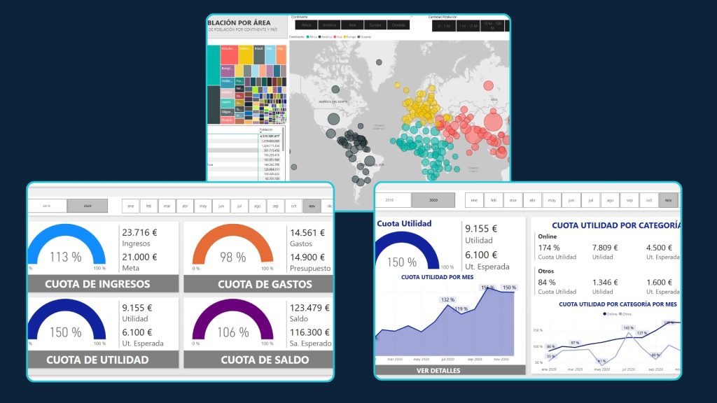 Paneles interactivos de Power BI mostrando KPIs, mapas y gráficos – inteligencia de negocio