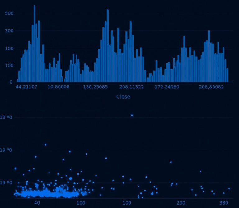 Histogramas y gráficos de dispersión en tonos azules – análisis estadístico de series temporales