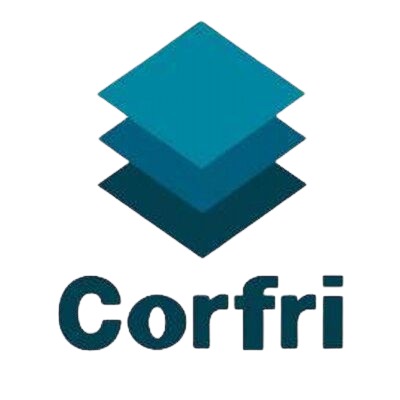 Logo de Corfri en tonos azules superpuestos.
