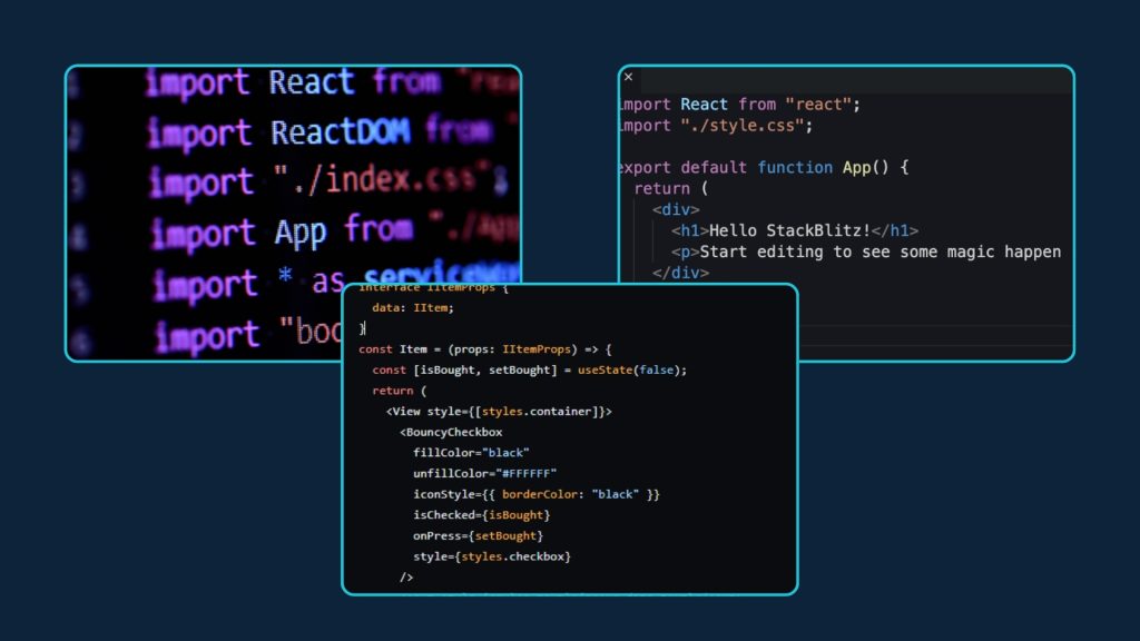 Fragmentos de código en React y TypeScript sobre fondo oscuro – desarrollo frontend con React